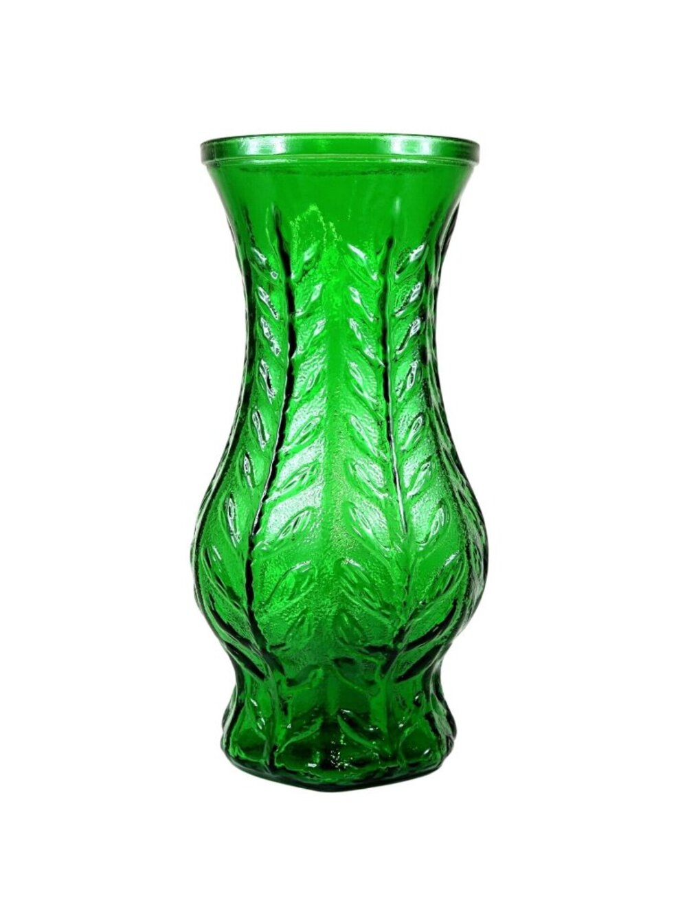 FTD Emerald Green Glass Large 10" Vase Vintage 1976 Leaf Vine Design